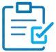 Blue clipboard with paper and a checkmark in a box indicating completed task.