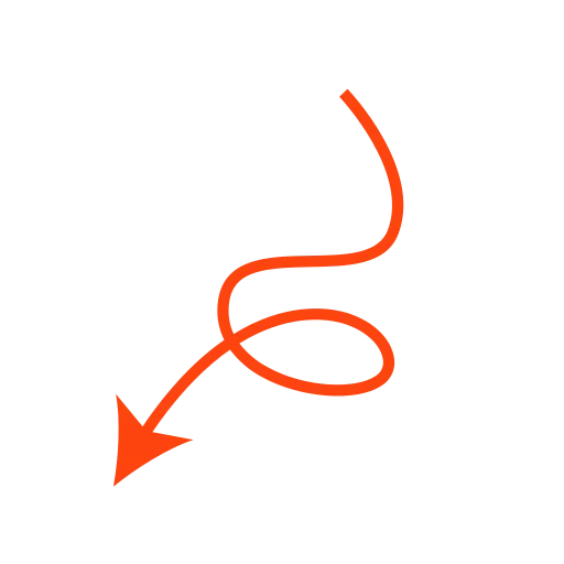 Curved red arrow bending and looping pointing downward to the left on a transparent background.