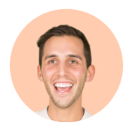 Smiling man with short brown hair and light skin against a peach circular background.