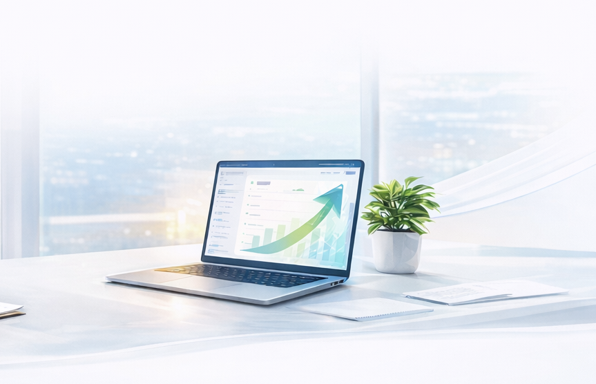 Laptop on white desk displaying upward trending graph, with potted plant and notebook nearby.