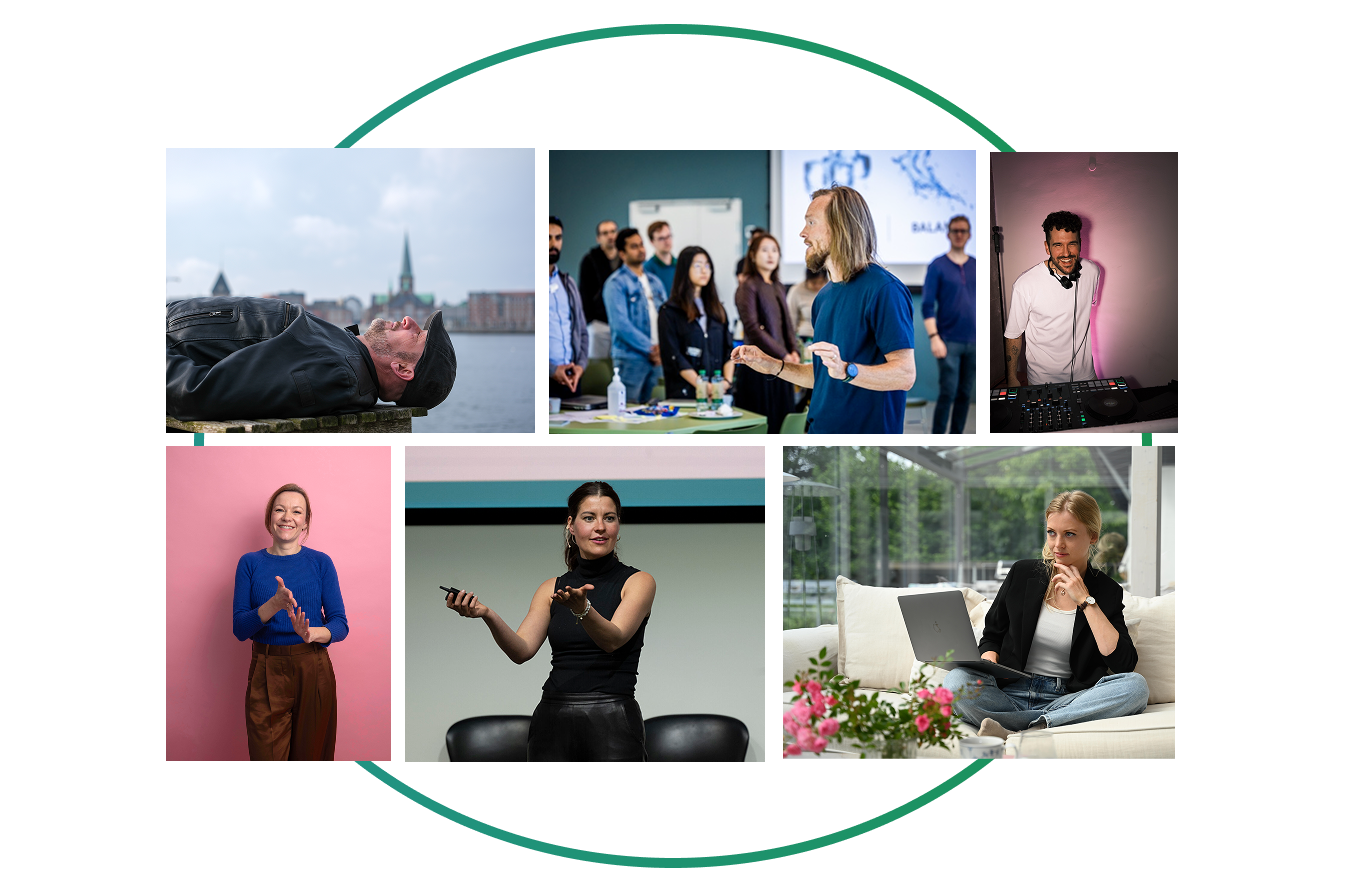 Collage of six photos: man lying outdoors on bench, group listening to a speaker, DJ with equipment, woman clapping against pink background, woman presenting on stage, and woman using laptop sitting on a couch.