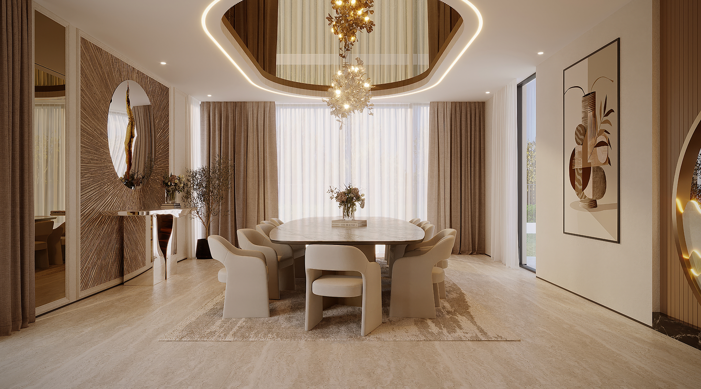 Modern dining room with an oval marble table surrounded by ten beige chairs on a beige rug, large window with curtains, decorative wall mirror and pendant light fixture.