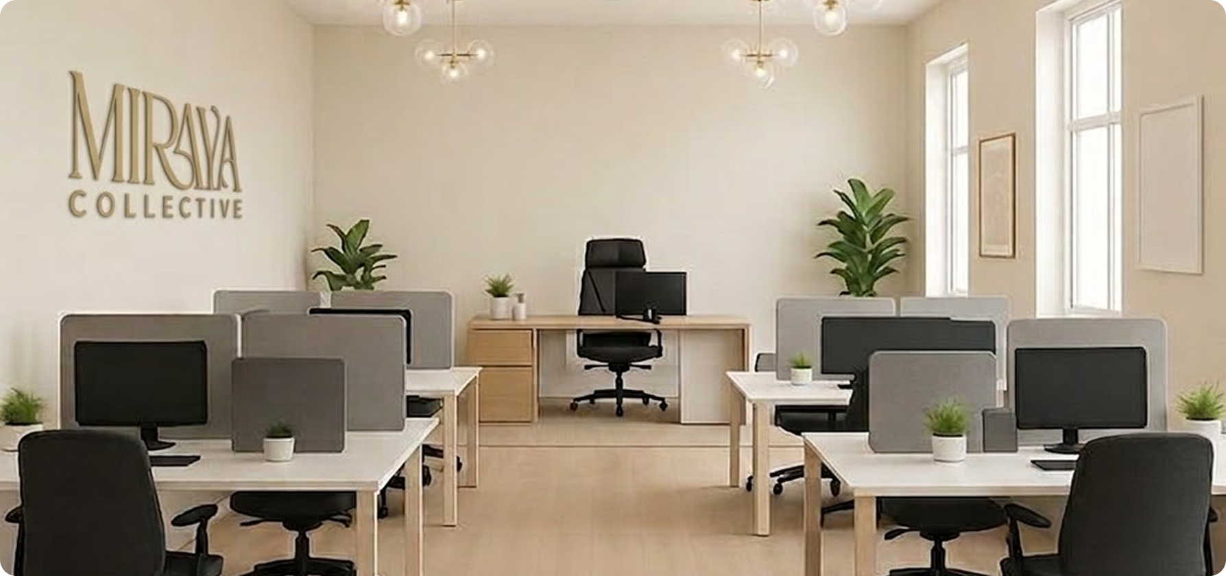 Bright modern office space with multiple desks separated by gray partitions, black office chairs, computer monitors, and green plants evenly placed around the room.