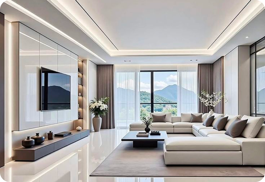 Modern living room with large beige sectional sofa, coffee table, flat-screen TV mounted on wall, floor-to-ceiling windows with mountain view, and decorative plants.