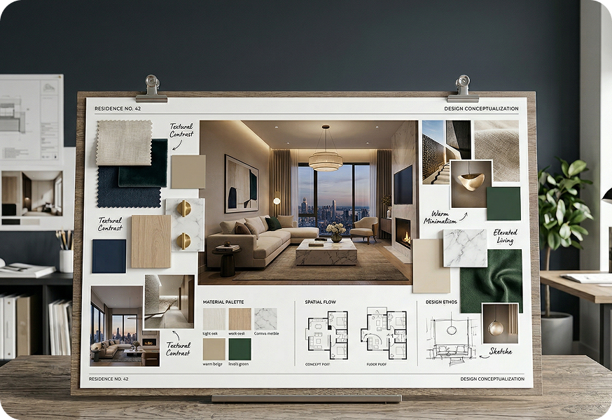 Interior design concept board featuring a living room with a beige sofa, large windows overlooking a cityscape, material swatches in beige, green, and wood textures, sketches, spatial flow plans, and notes on design elements like textural contrast and warm minimalism.