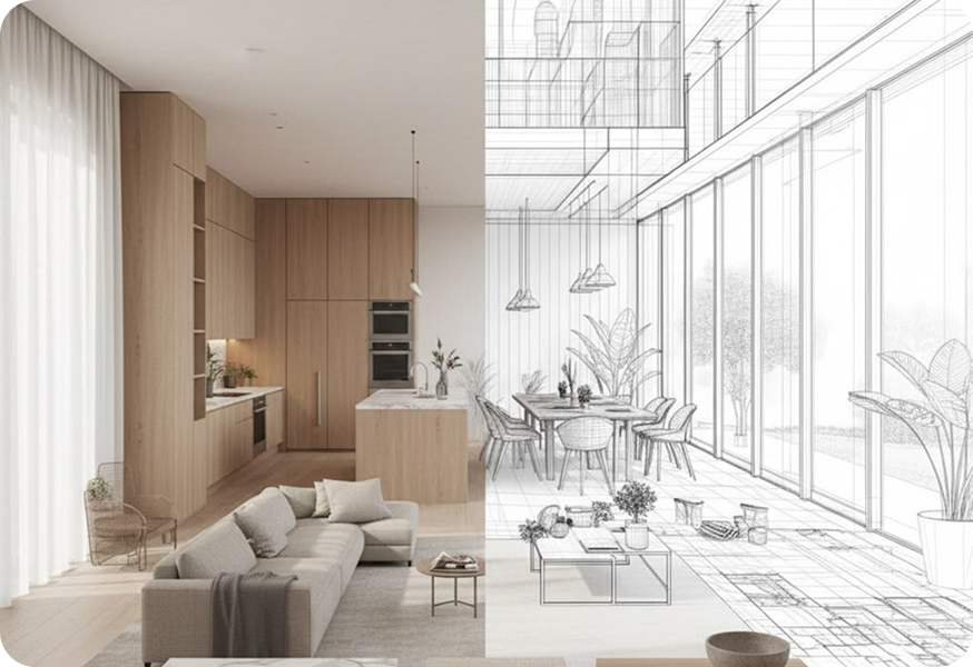 Interior design image showing a modern living room and kitchen on the left transitioning into a wireframe architectural drawing on the right.