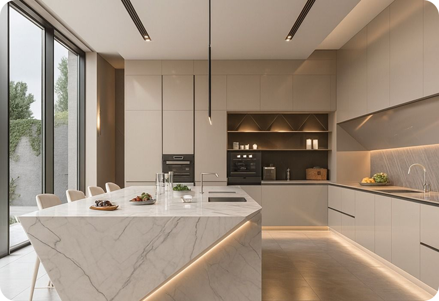 Modern kitchen with a large marble island, integrated lighting, built-in ovens, and floor-to-ceiling windows.