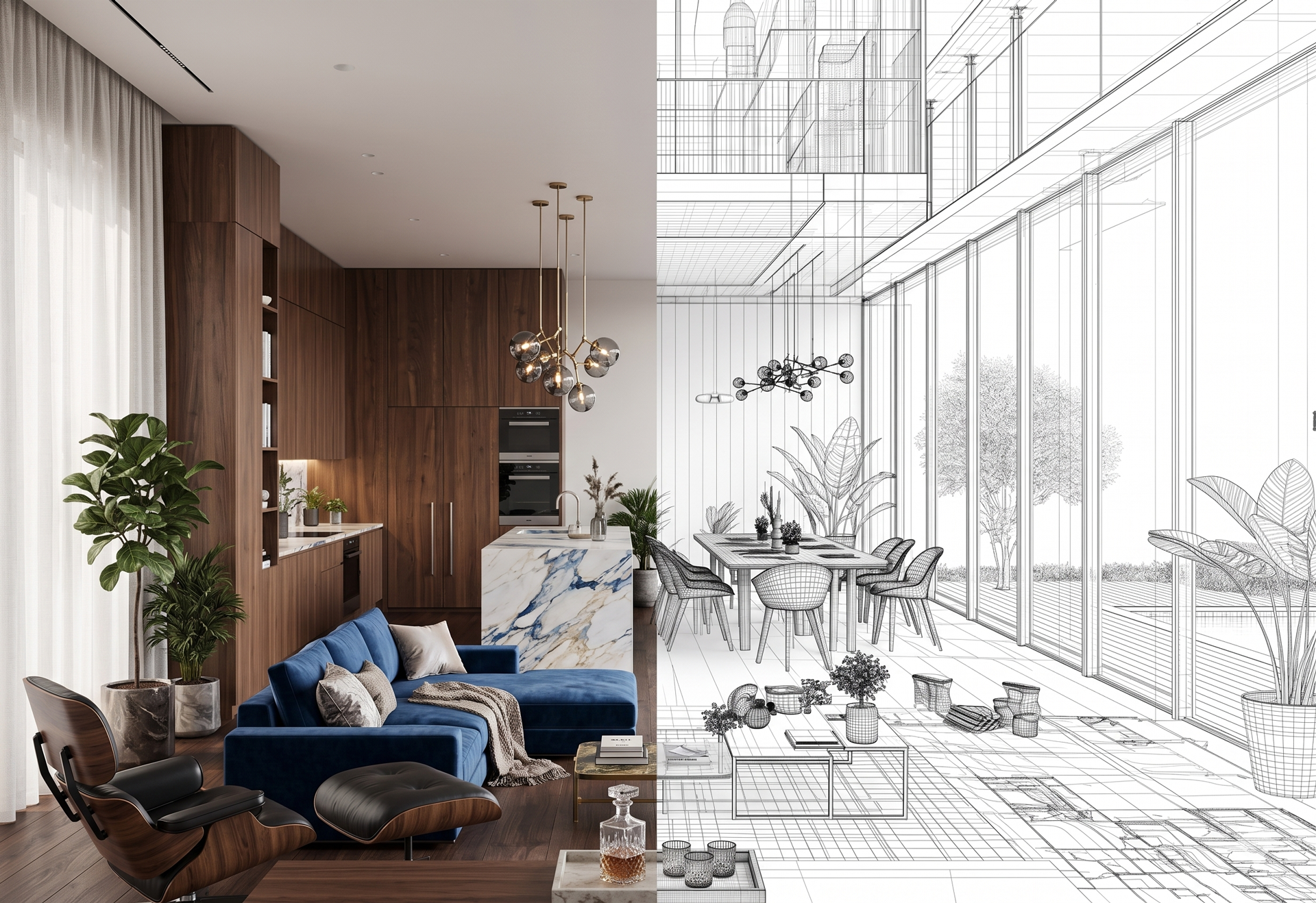 Split image showing a modern living room and kitchen on the left with wooden cabinets, blue sofa, and hanging lights, and a wireframe architectural sketch of the same space on the right.