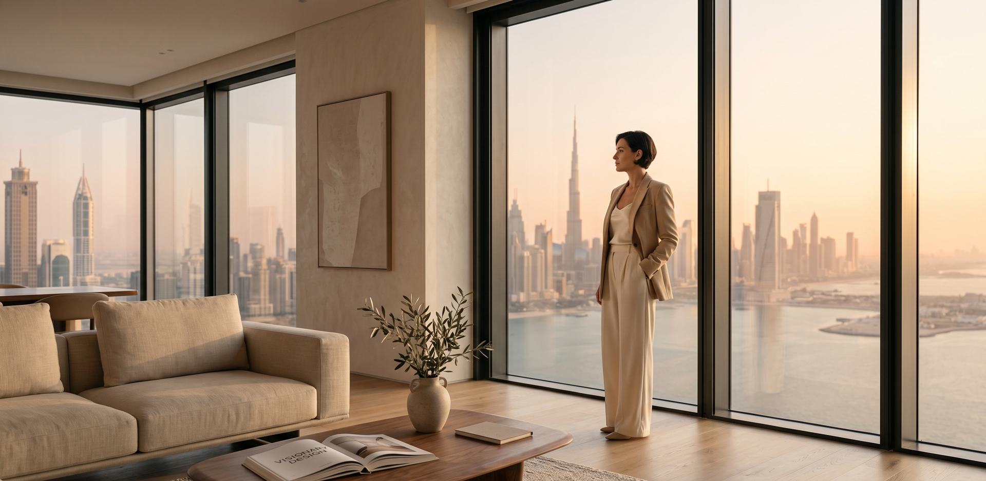 Woman in beige suit standing in a modern living room, looking out large windows at a city skyline with skyscrapers during sunset.