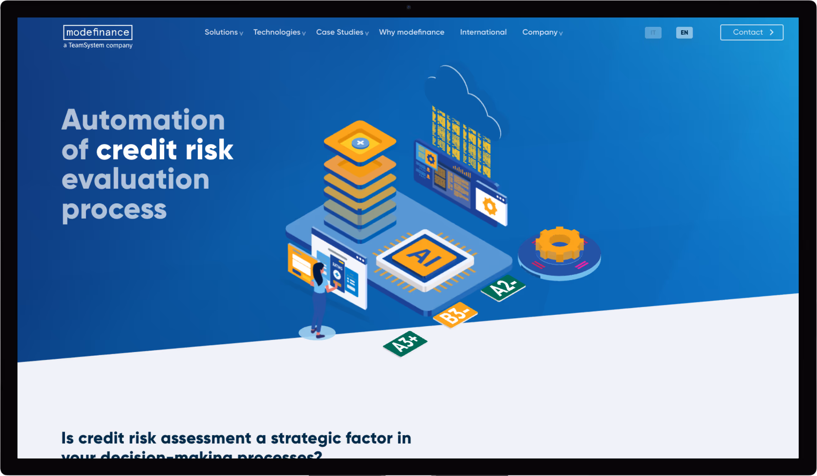 Illustration of AI-driven automation in credit risk evaluation with a person interacting with a digital interface.