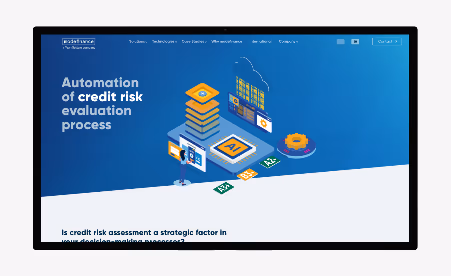 Skärmbild av webbsida med rubriken Automation av kreditriskbedömningsprocess och AI-grafik.