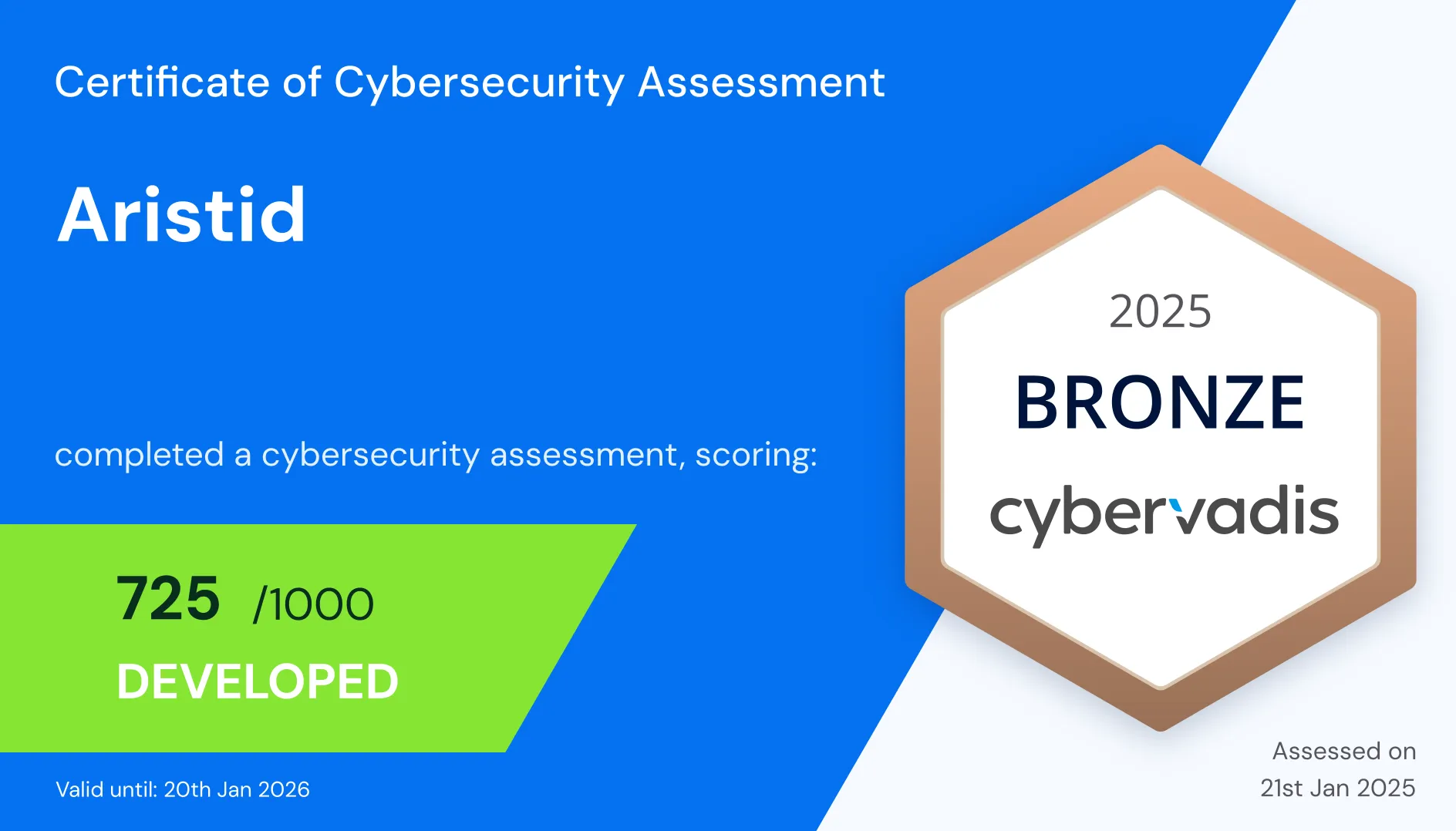 ARISTID Bronze CyberVadis certificate (score 725)