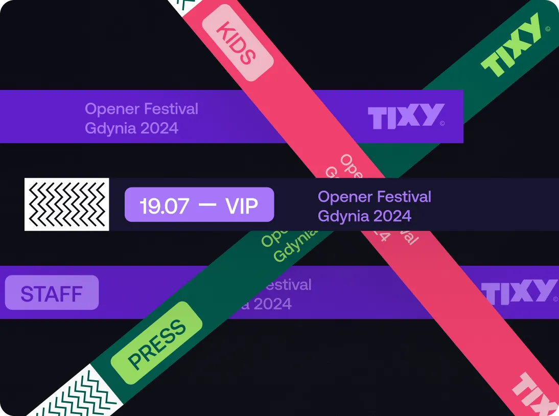 Colorful festival wristbands labeled KIDS, VIP 19.07, STAFF, and PRESS crossing over each other with opener festival Gdynia 2024 text and TIXY branding on a black background.