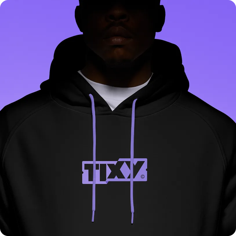 Person wearing a black hoodie with purple drawstrings and a purple TIXY logo on the chest against a purple background.