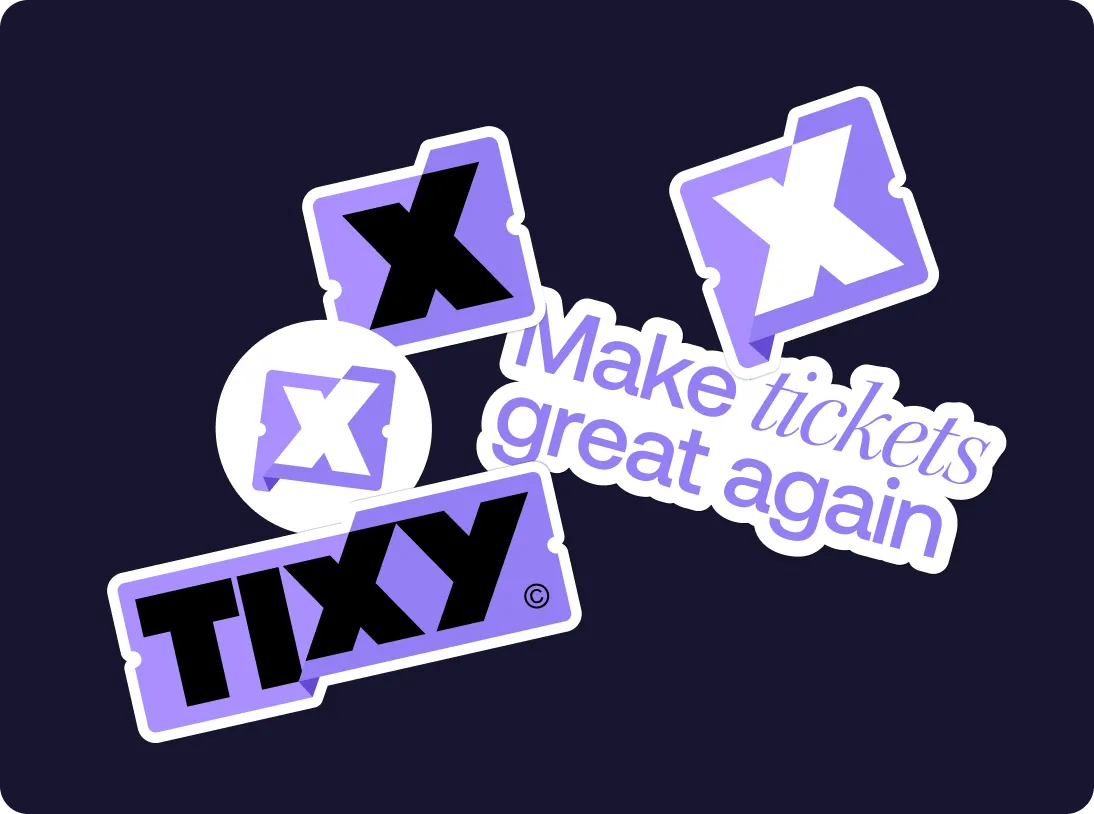 Dark background with multiple purple and white ticket-shaped designs featuring large Xs and bold text saying 'TIXY' and 'Make tickets great again'.