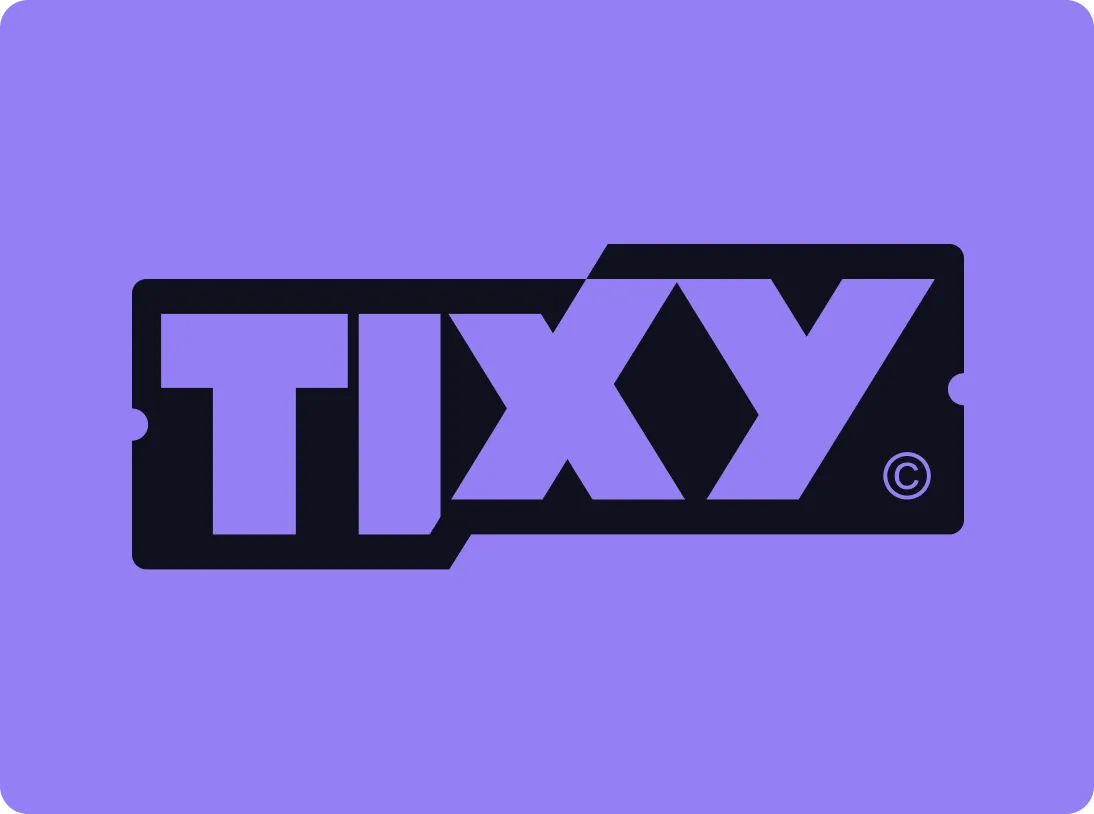 TIXY logo with bold letters inside a ticket-shaped outline on a purple background.