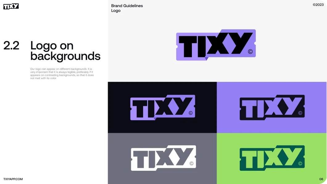 TIXY logo displayed in five variations on different contrasting backgrounds, illustrating guidelines for logo legibility.