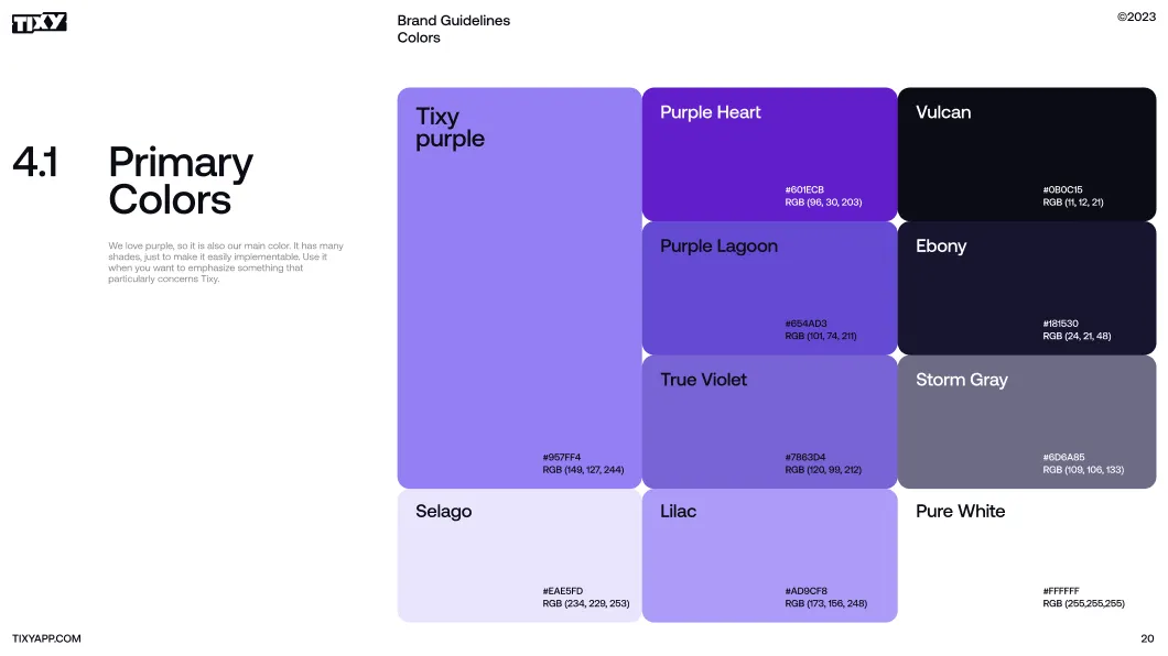 Brand guidelines color palette showing primary colors with names, hex codes, and RGB values including Tixy Purple, Purple Heart, Vulcan, Purple Lagoon, Ebony, True Violet, Storm Gray, Selago, Lilac, and Pure White.