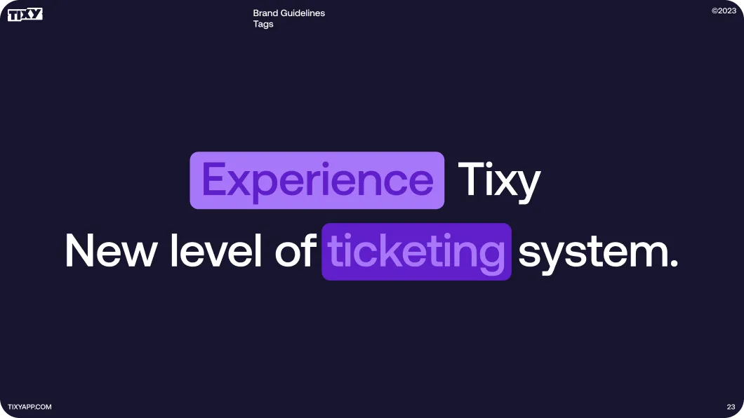 Text reading ‘Experience Tixy New level of ticketing system.’ with ‘Experience’ and ‘ticketing’ highlighted in purple on a dark blue background.