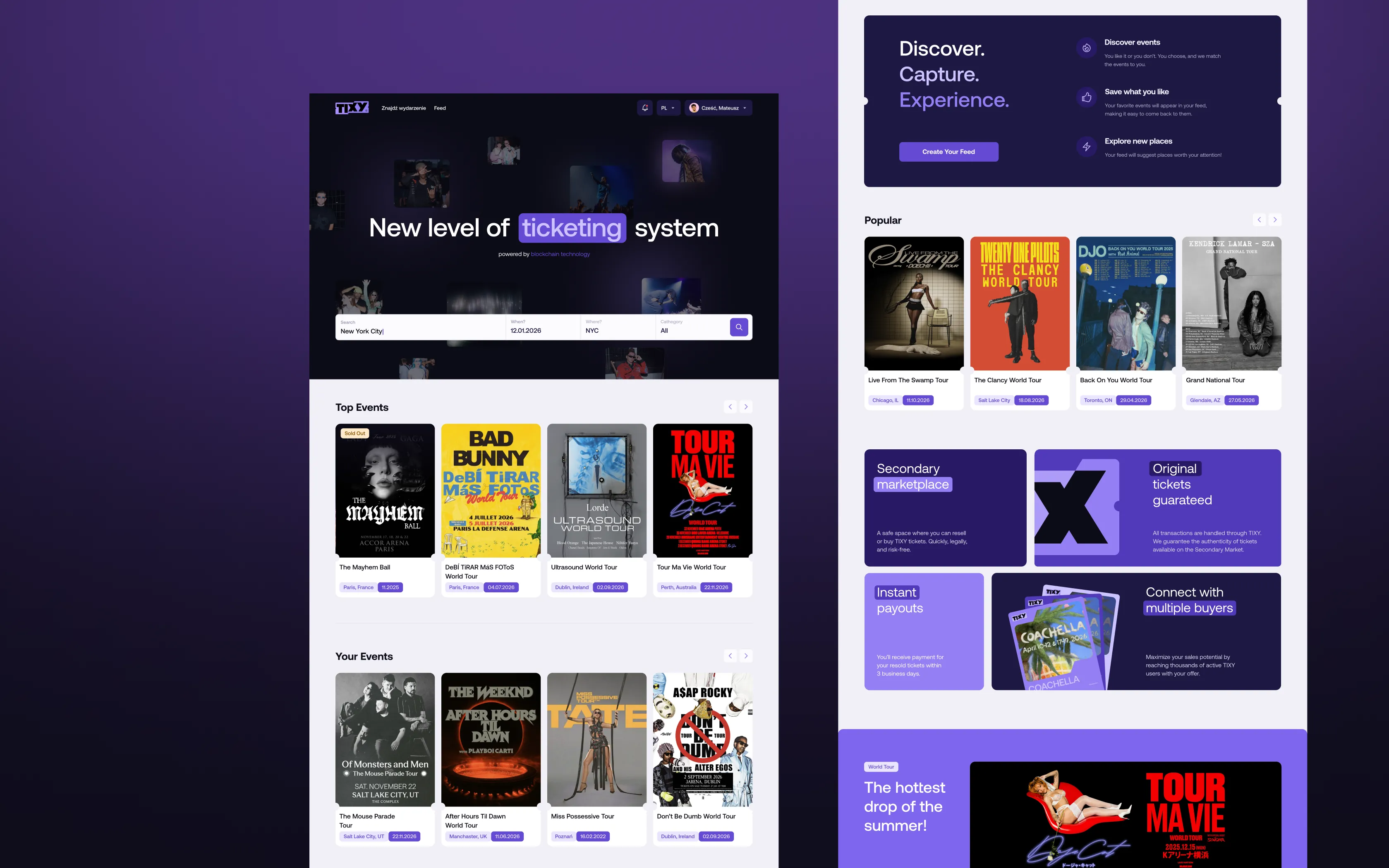 Website homepage showcasing a blockchain-powered ticketing system with sections for top events, user events, popular tours, and features like event discovery, secondary marketplace, and instant payouts.