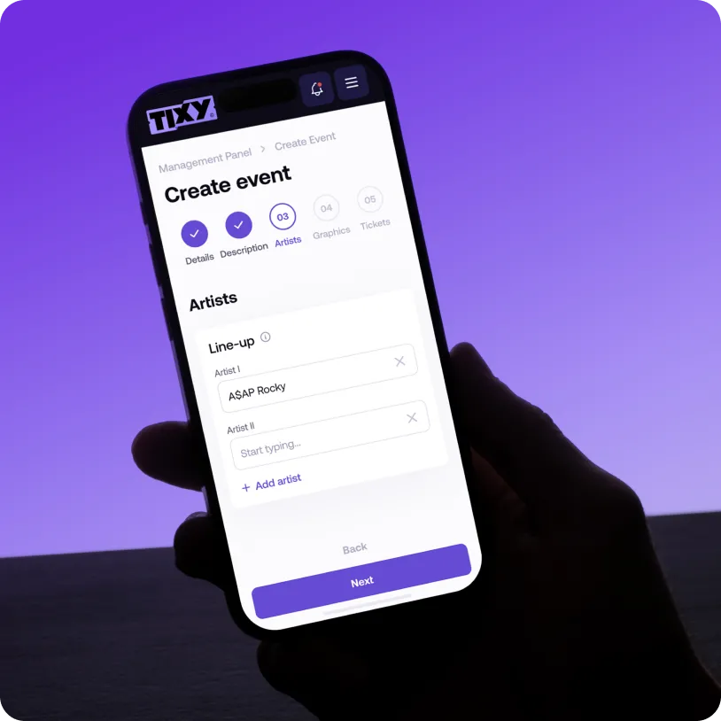 Smartphone screen showing an event creation app with 'Create event' title, highlighting the 'Artists' step where ASAP Rocky is added in the lineup.