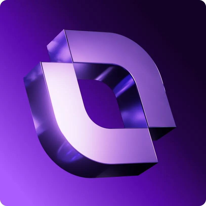 3D purple abstract geometric shape with curved edges on a gradient purple background.