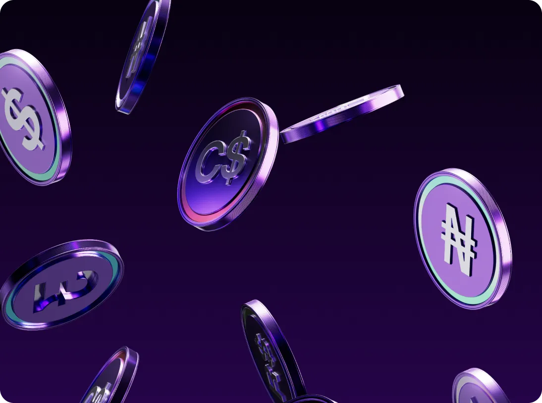 Purple-tinted 3D coins displaying various currency symbols floating against a dark background.