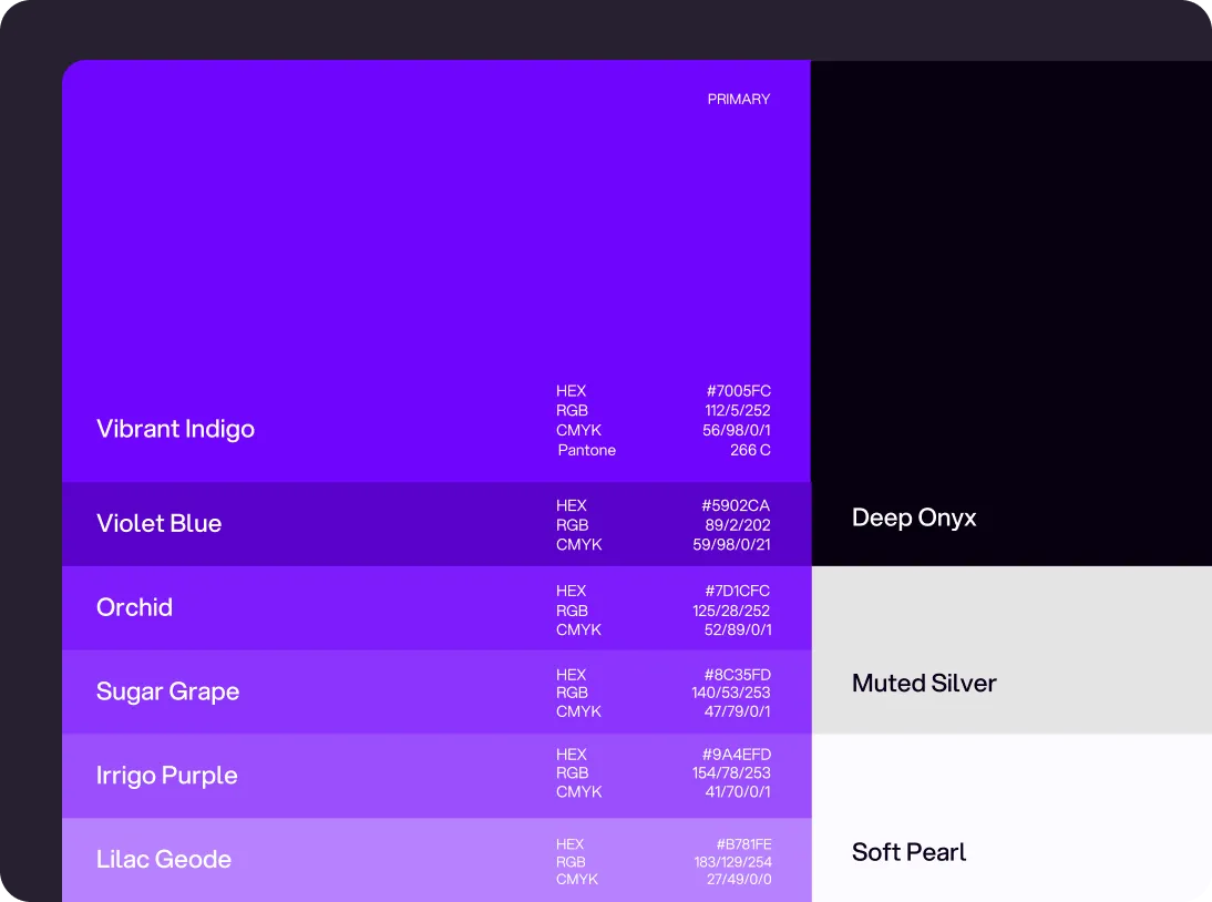 Color palette chart featuring primary purple shades with hex, RGB, CMYK, and Pantone values alongside neutral shades Deep Onyx, Muted Silver, and Soft Pearl.