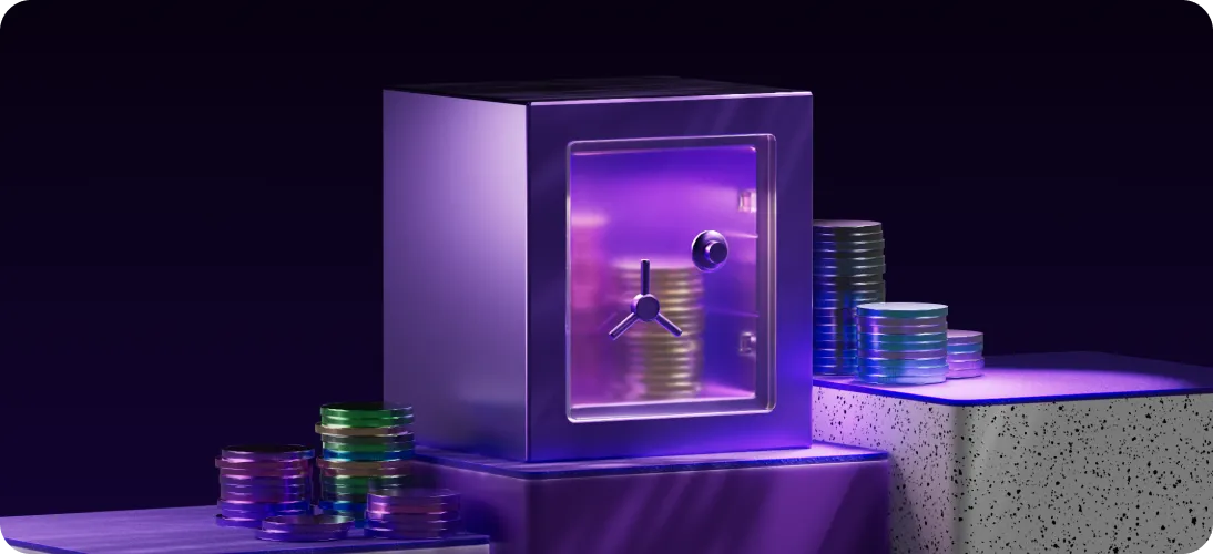 Purple-lit metal safe surrounded by stacks of iridescent coins on a tiered surface against a dark background.
