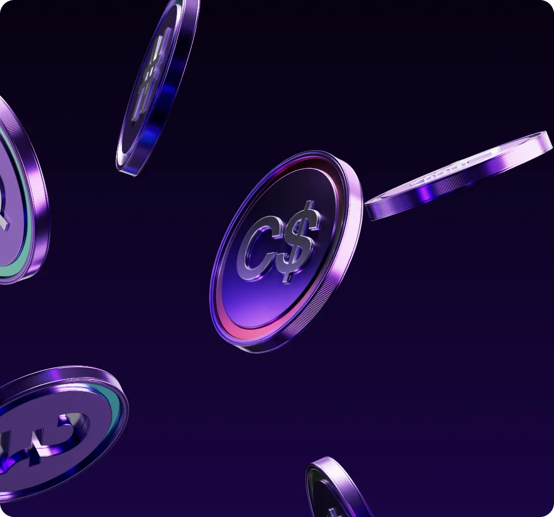 3D purple metallic coins floating against a dark background, one prominently showing the symbol C$.