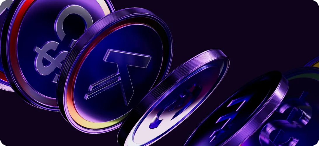 Shiny purple-blue digital coins with currency symbols floating against a dark background.