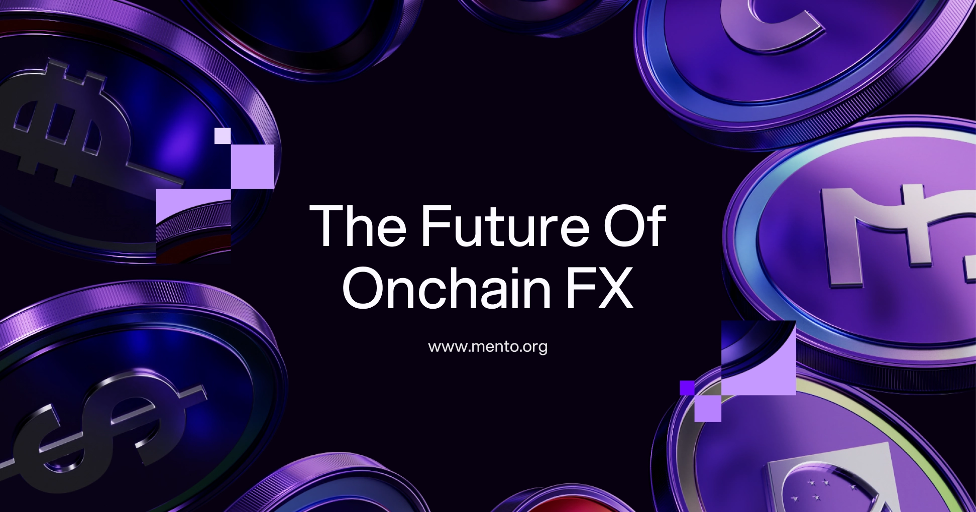 Purple and blue digital currency coins surrounding text 'The Future Of Onchain FX' with website www.mento.org on a dark background.