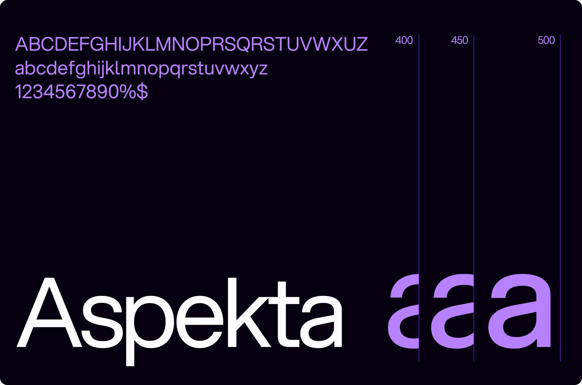 Typography sample showing uppercase, lowercase letters and numbers in purple on black, with the word 'Aspekta' in large white font and progressively larger purple letters 'a' aligned at 400, 450, and 500 points.