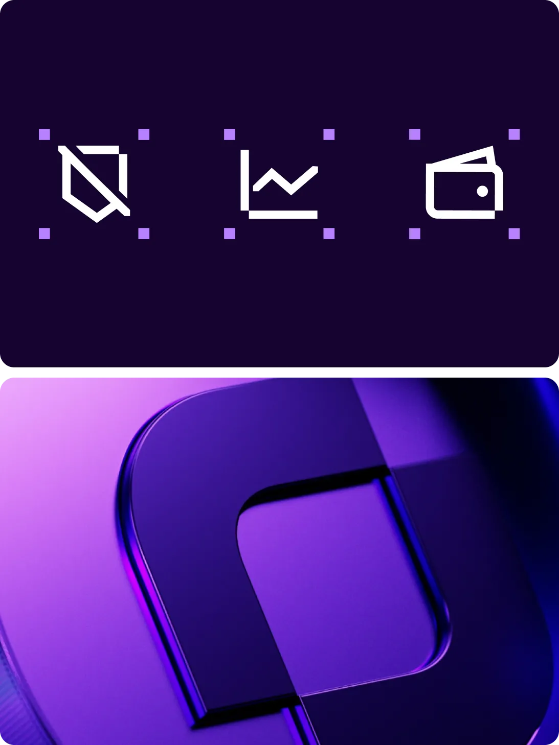 Three white minimalist icons—a mute symbol, a line chart, and a wallet—above a close-up of a purple abstract geometric shape.
