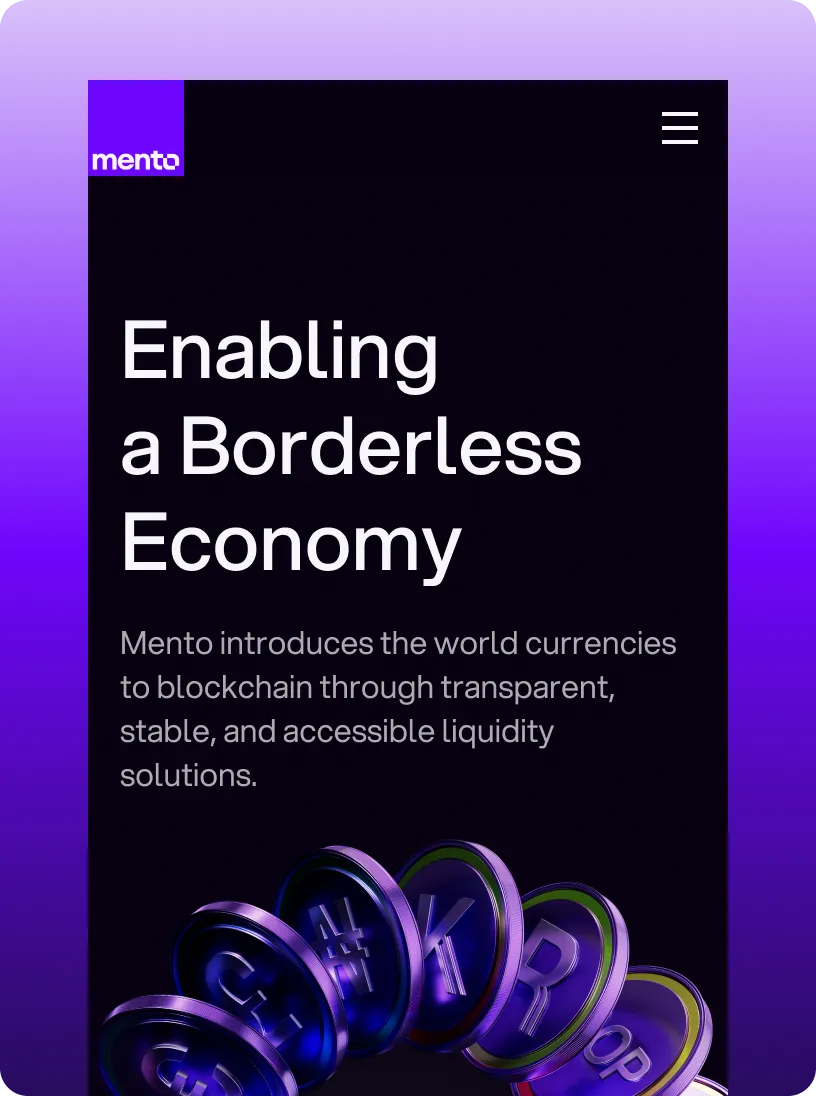 Mento website homepage with headline 'Enabling a Borderless Economy' and a circular arrangement of purple coins featuring currency symbols.