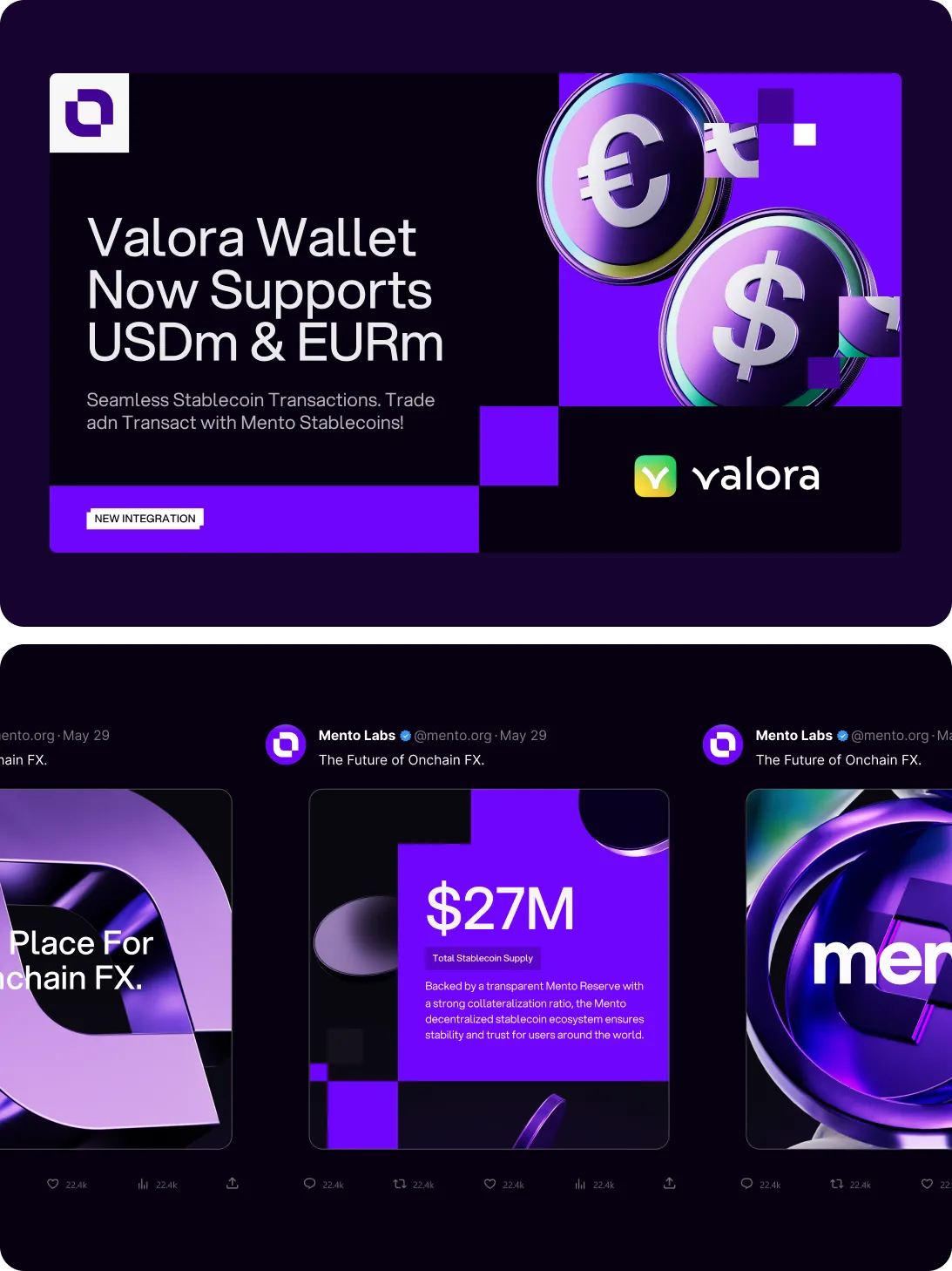 Announcement banner showing Valora Wallet now supports USDm and EURm stablecoins with digital coin icons and Mento Labs tweets about Onchain FX and $27M total stablecoin supply.