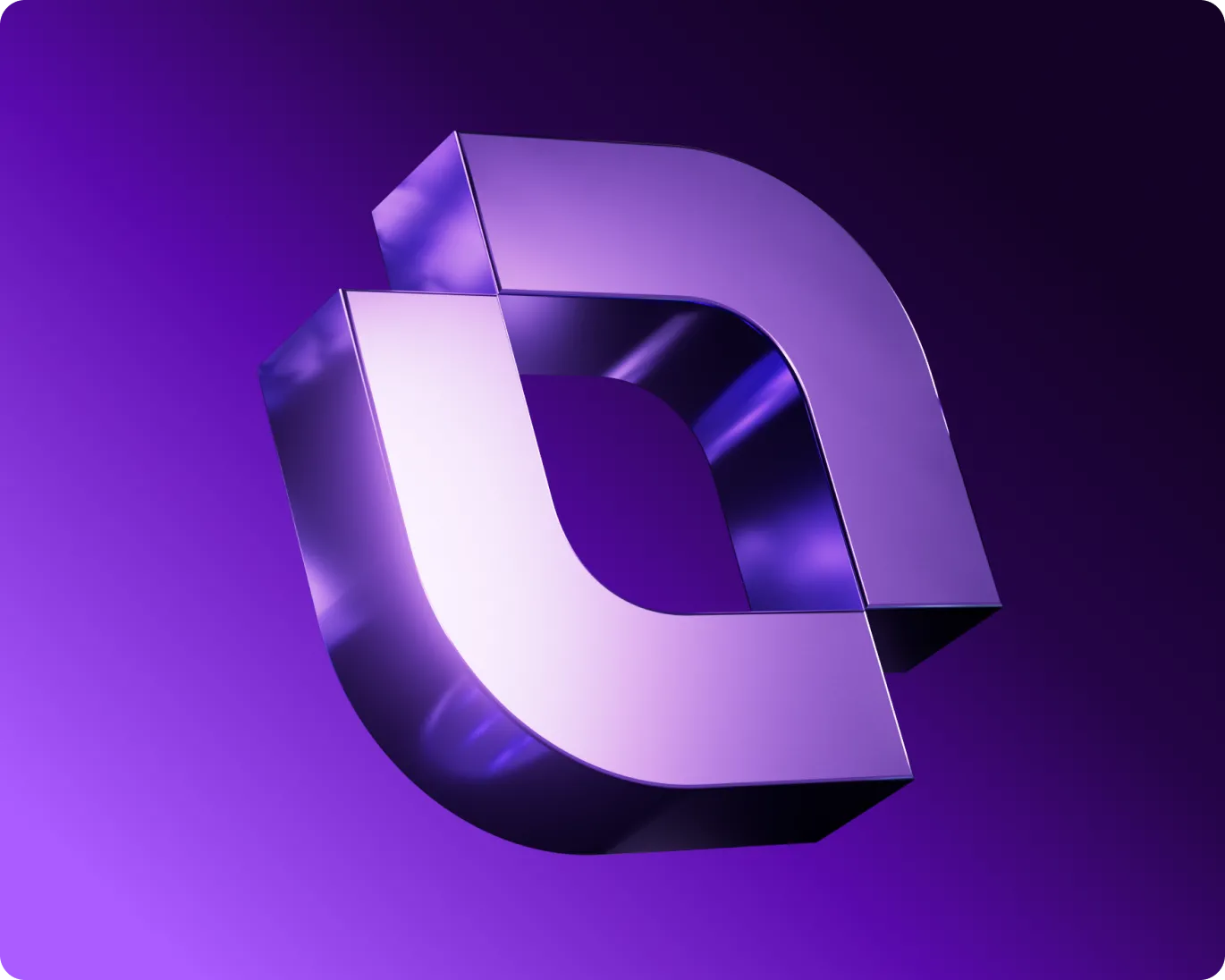 3D metallic purple interlocking geometric shapes forming a square loop on a purple gradient background.