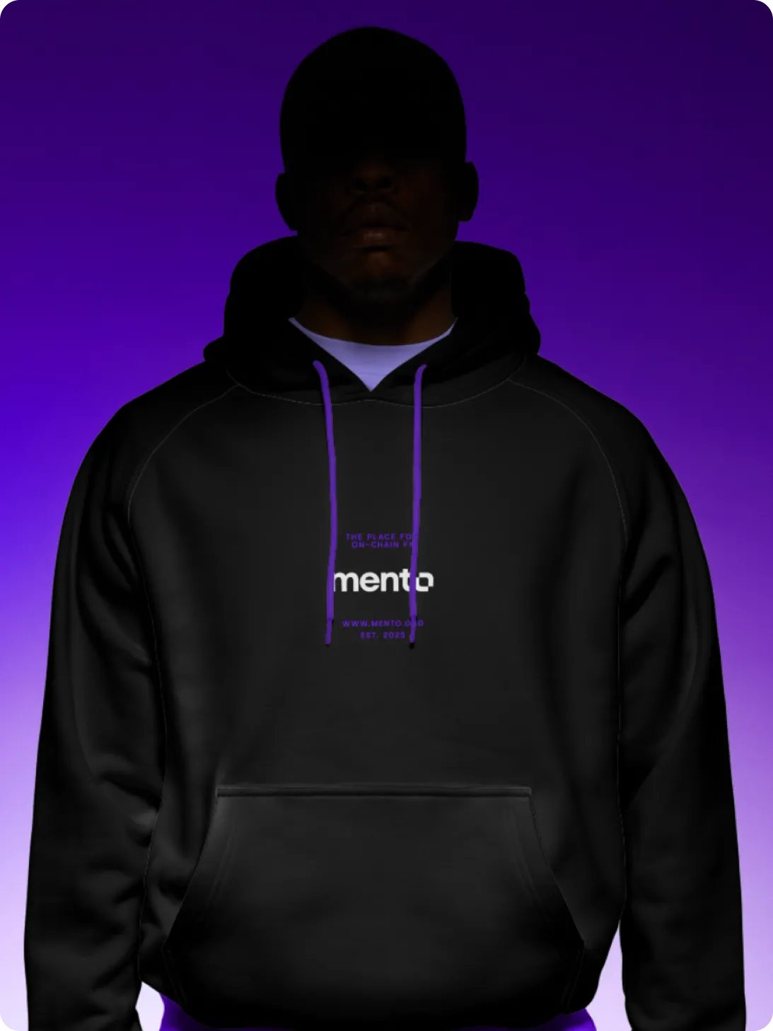 Person wearing a black hoodie with purple drawstrings and the word 'mento' printed on the front against a purple gradient background.