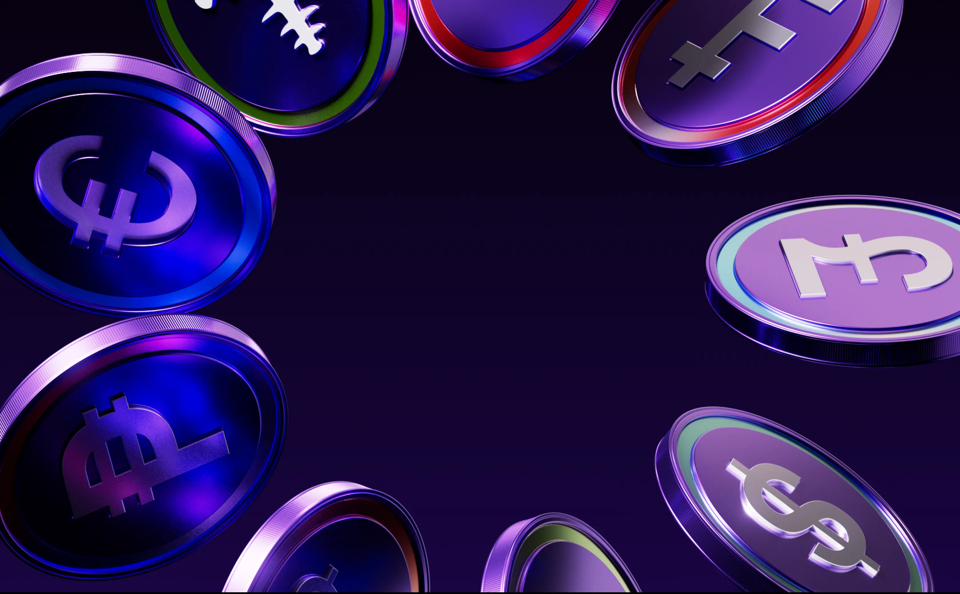 Floating 3D purple and blue coins with various cryptocurrency symbols on a dark background.