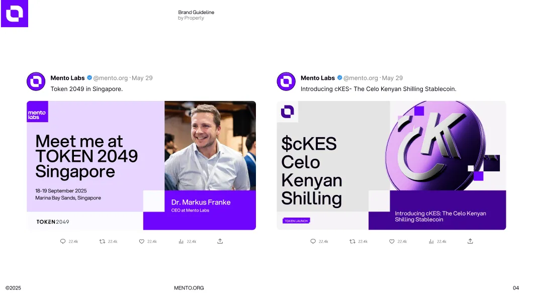 Side-by-side social media posts from Mento Labs; left post shows invitation to TOKEN 2049 Singapore with photo of Dr. Markus Franke, CEO, right post introduces cKES Celo Kenyan Shilling stablecoin with a purple coin image.