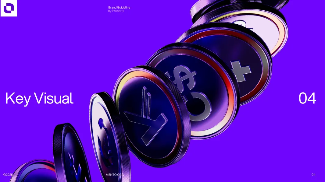 Falling coins with various currency symbols against a bright purple background with text 'Key Visual 04' and 'Brand Guideline by Properly'.