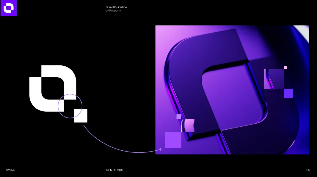 A black background with a white abstract logo design on the left transitioning with purple squares and arrow to a 3D purple version of the logo on the right, titled 'Brand Guideline by Properly'.