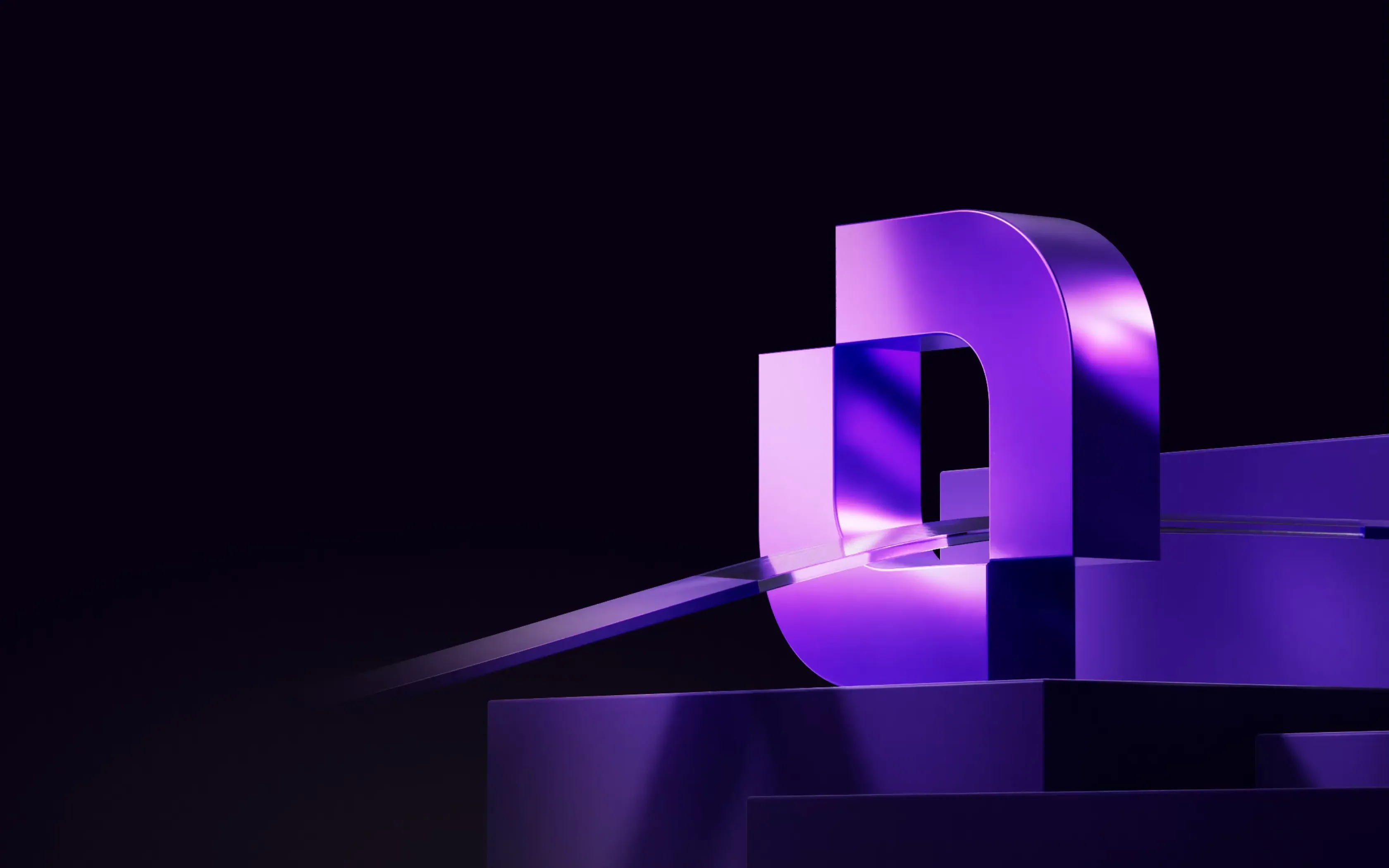 Abstract purple metallic sculpture with curved shapes on a dark reflective surface.