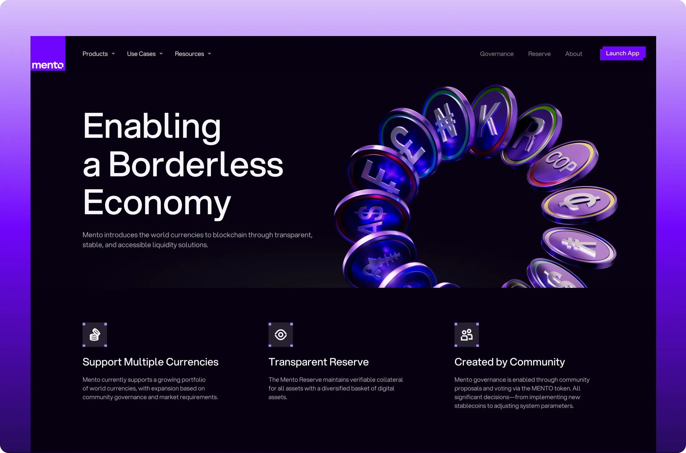 Website homepage for Mento with headline 'Enabling a Borderless Economy' and floating coins displaying various currency symbols in a circle.
