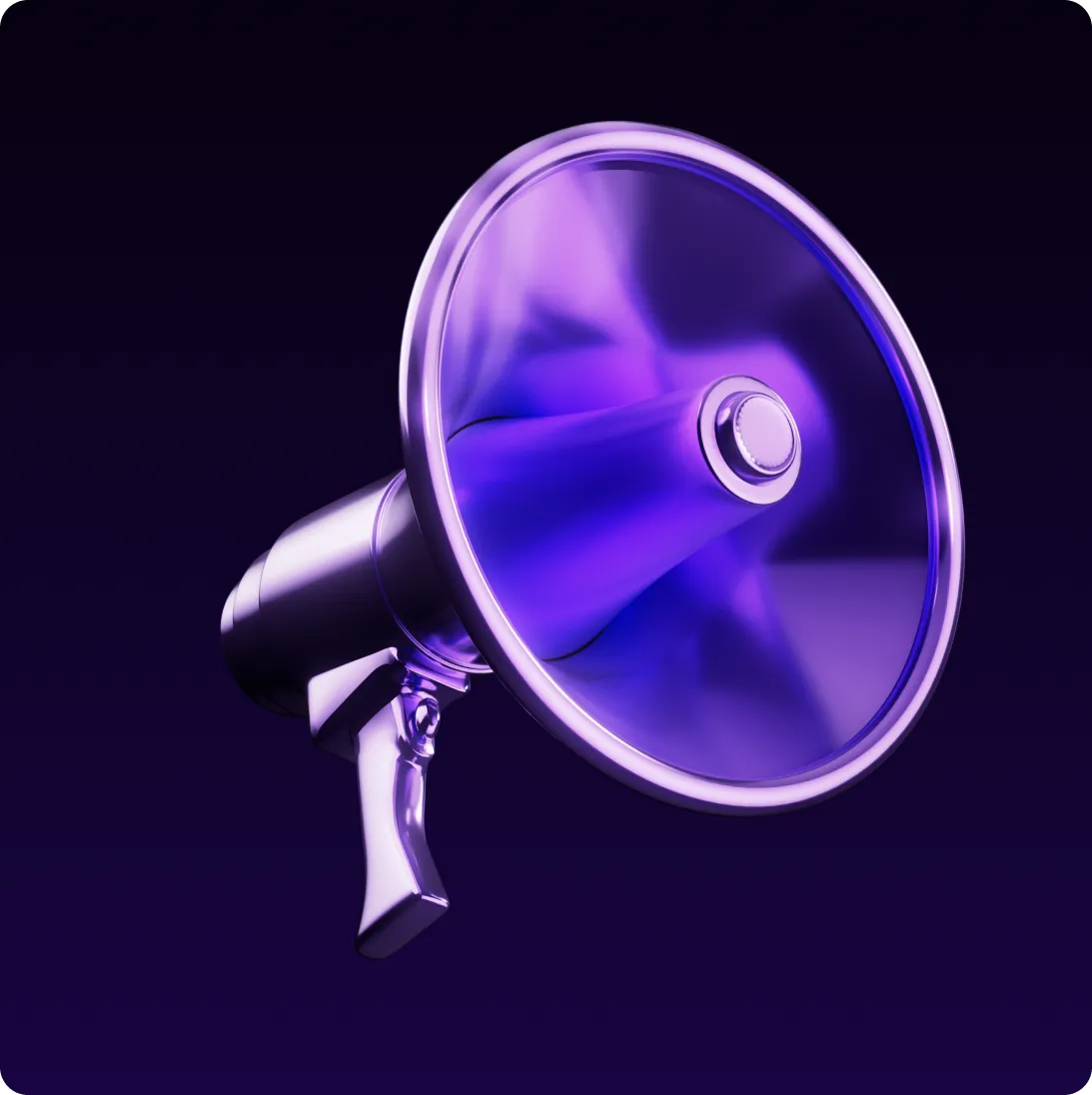 Purple metallic megaphone with a handle on a dark purple background.