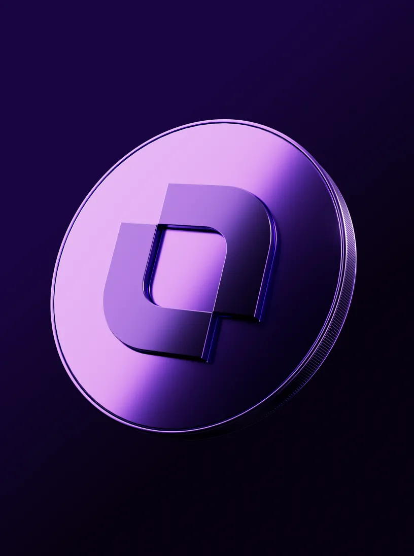 Shiny purple 3D coin with a stylized square-like symbol embossed in the center on a dark purple background.