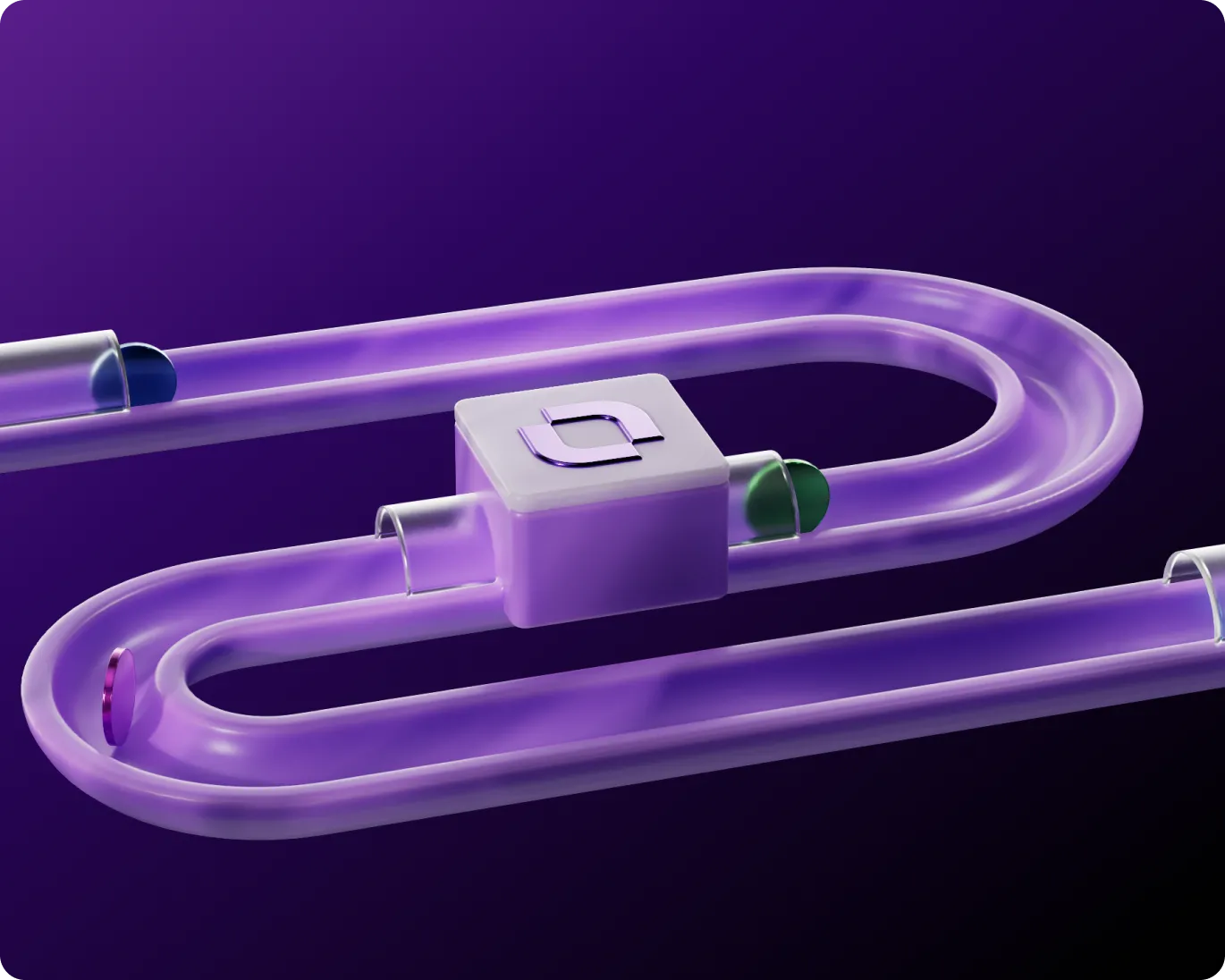 Purple translucent tube forming a loop around a white cube with a geometric logo, set against a dark purple background.