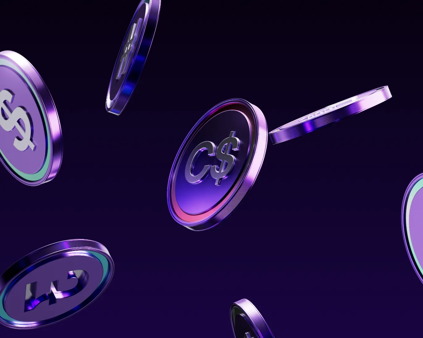 Floating purple metallic coins with currency symbols against a dark background.