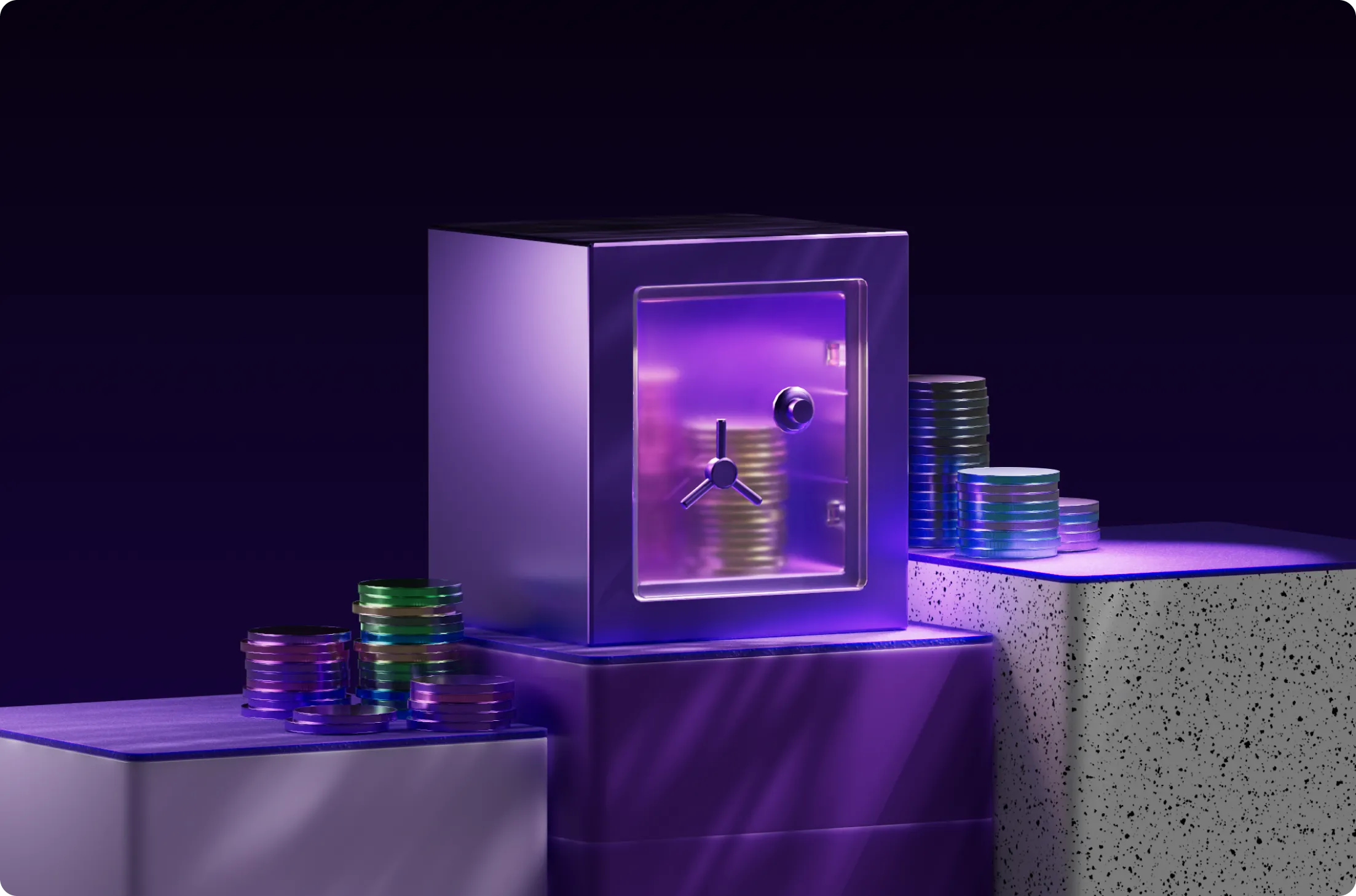 Purple-lit metal safe on a pedestal surrounded by stacks of colorful coins against a dark background.