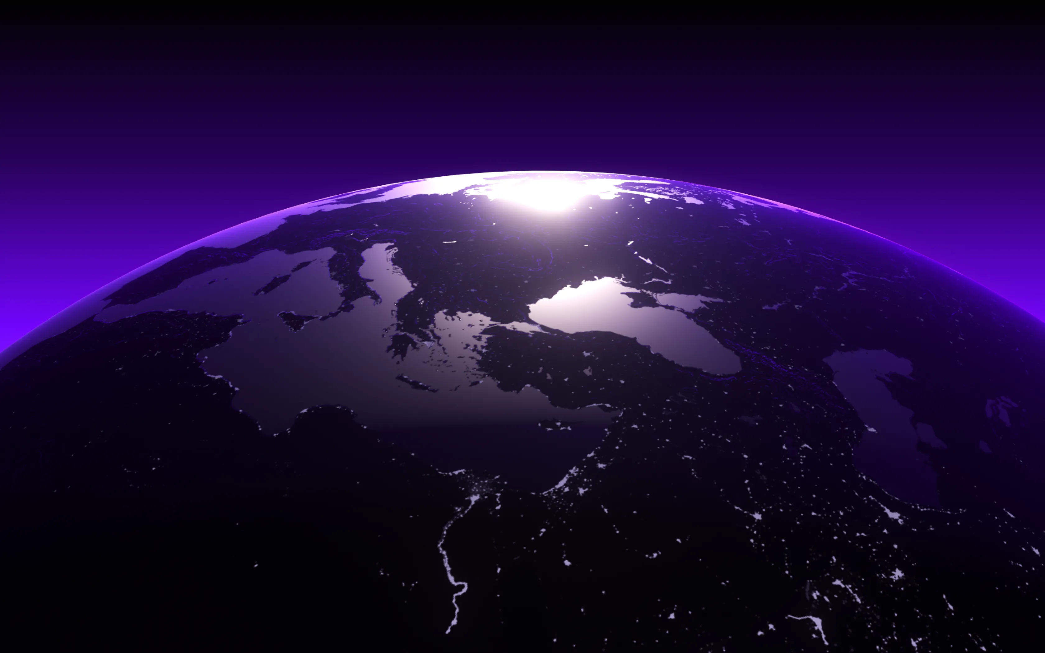 View of Earth from space at night focusing on the Mediterranean region with city lights visible and a glowing horizon.